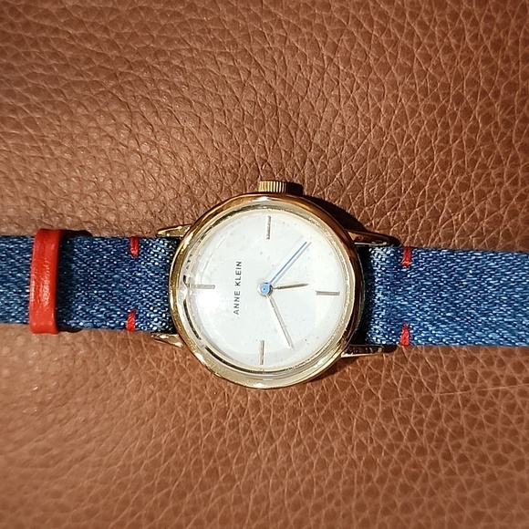 Anne Klein Gold Watch with Denim Blue And Red Strap Ladies Watch - Picture 1 of 8